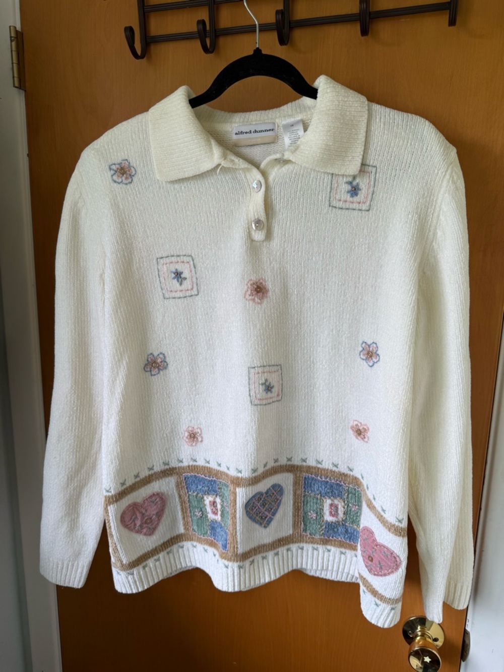 Vintage 90s Alfred Dunner Cream Knit Polo Sweater with Pastel Heart & Floral 1X